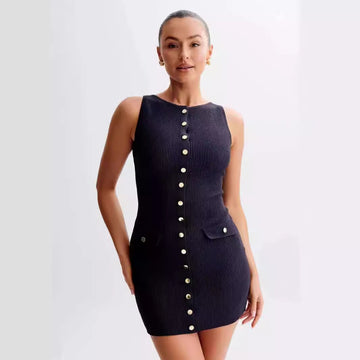 Summer New Temperament Sleeveless Round Collar Repair Woven Short Dress